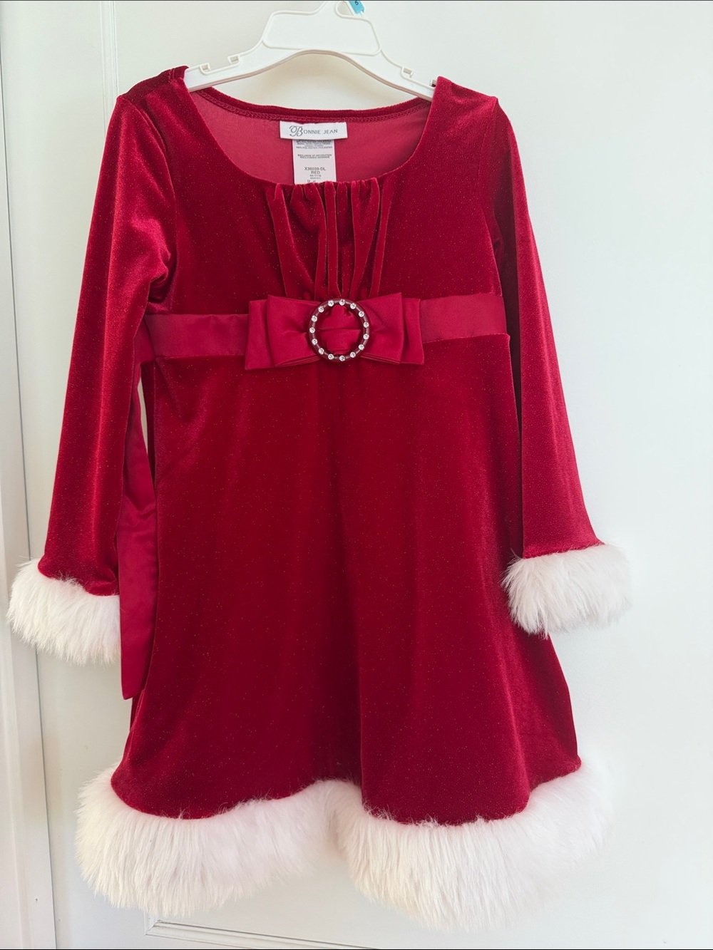 Bonnie Jean Red Velvet Holiday Dress with Faux Fur Trim and Bow